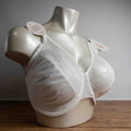 Triumph white lace soft cup bra with adjustable straps and lace-back detail.