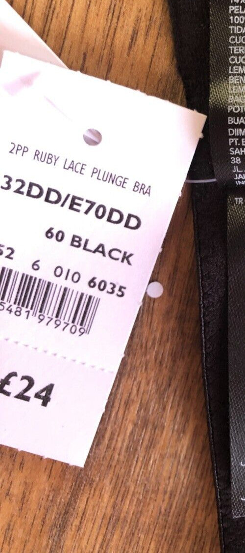 Debenhams Bra 32DD Black Underwired Padded Ruby Lace Plunge BNWT