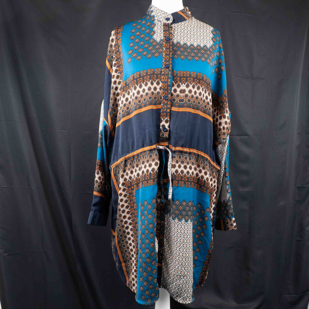 Boohoo women's A-line dress blue brown geometric pattern button-front drawstring waist