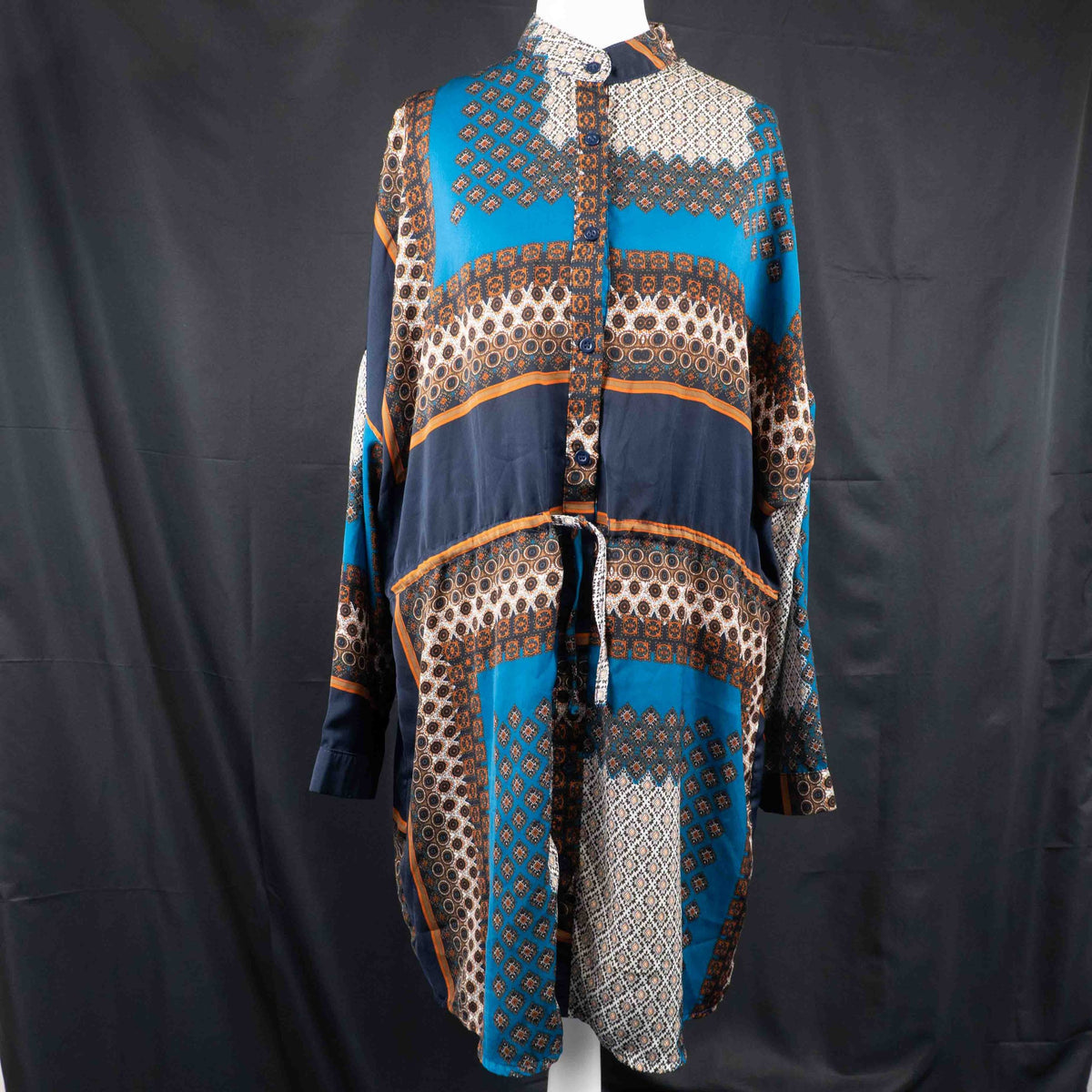 Boohoo women's A-line dress blue brown geometric pattern button-front drawstring waist