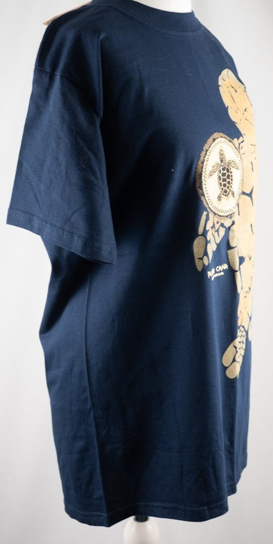 Caribbean Taino blue t-shirt featuring turtle print design on front, short sleeves.