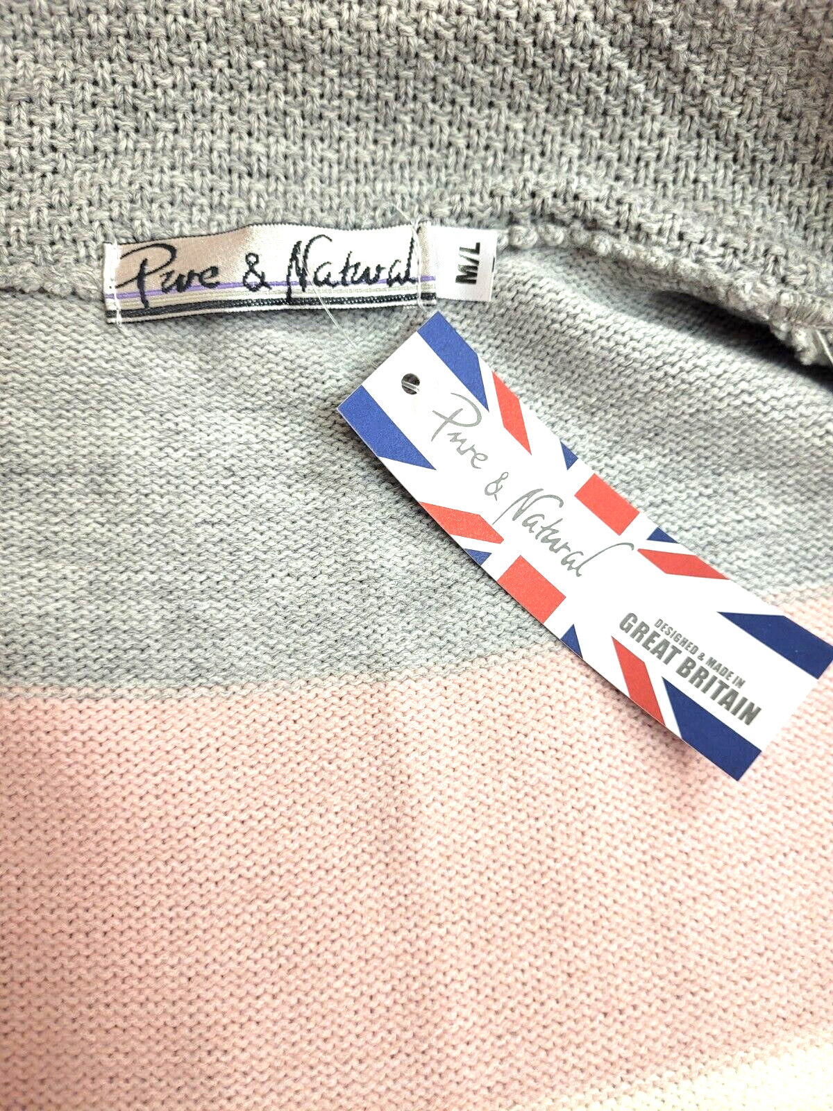 Pure &amp; Natural Womens Cardigan M/L Grey/Pink/Cream Stripe Open Front BNWT