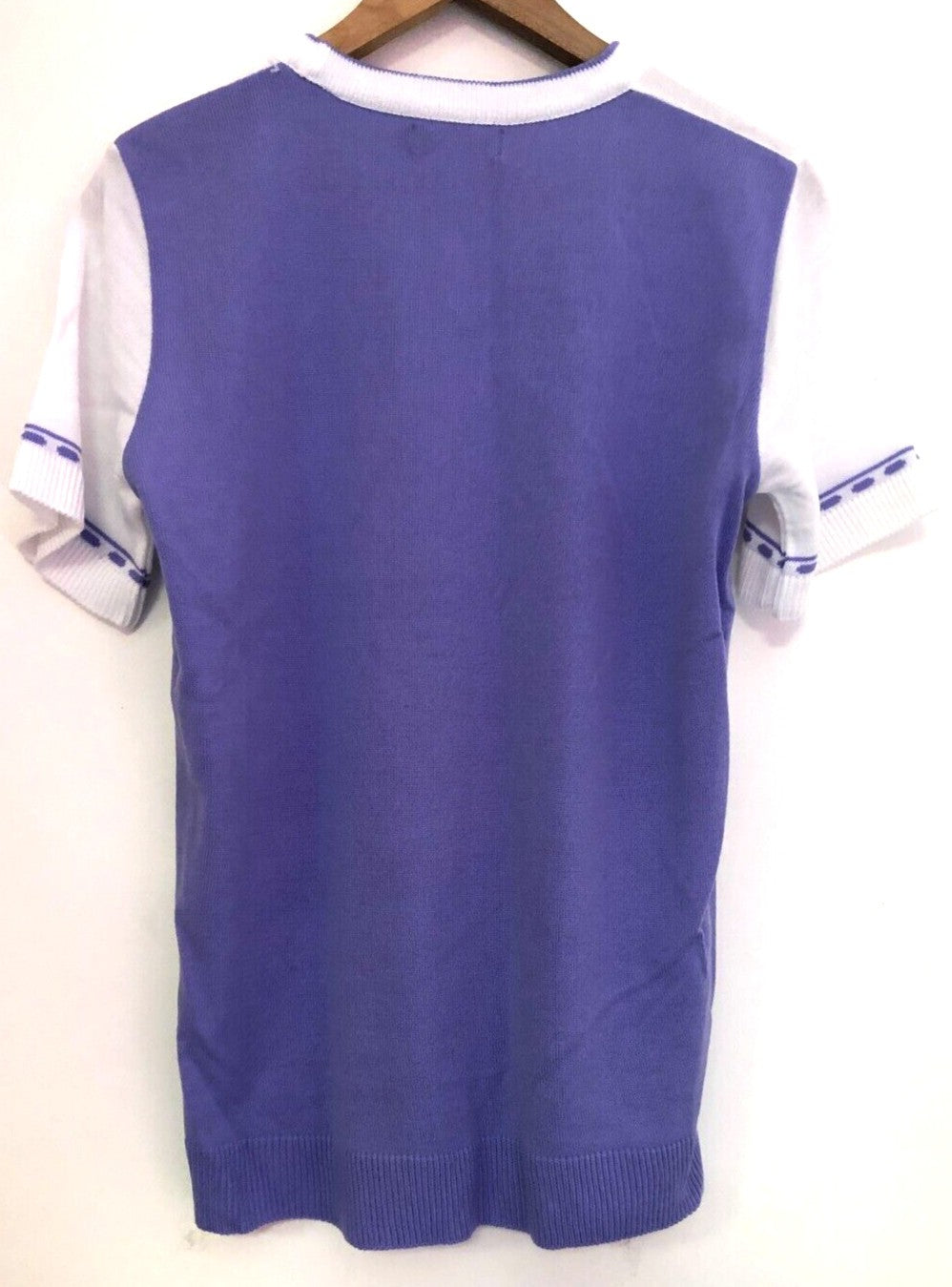 Monique Collection purple casual t-shirt with white pattern and round neck, 100% acrylic.