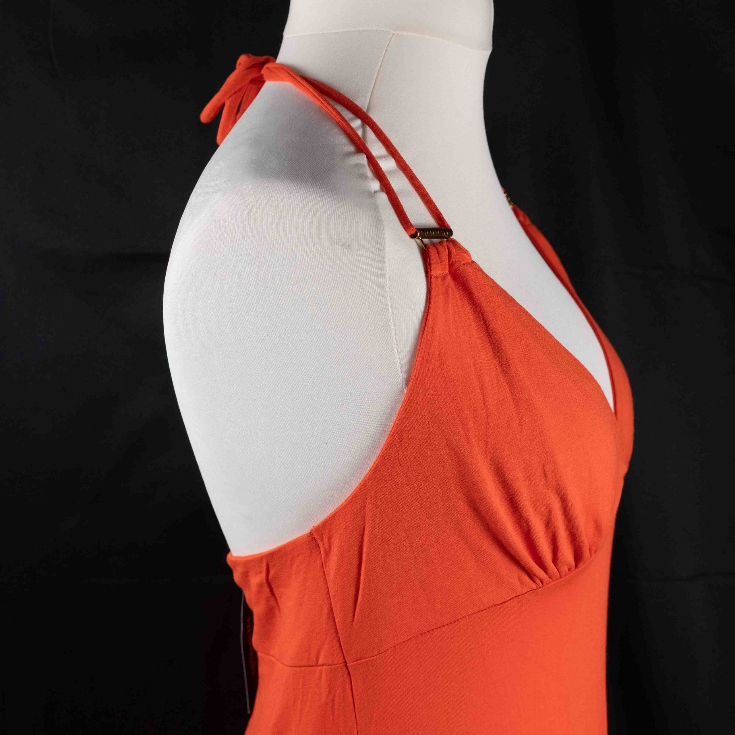 Bisbigli orange maxi dress with gold bar detailing on shoulder straps, lace material.