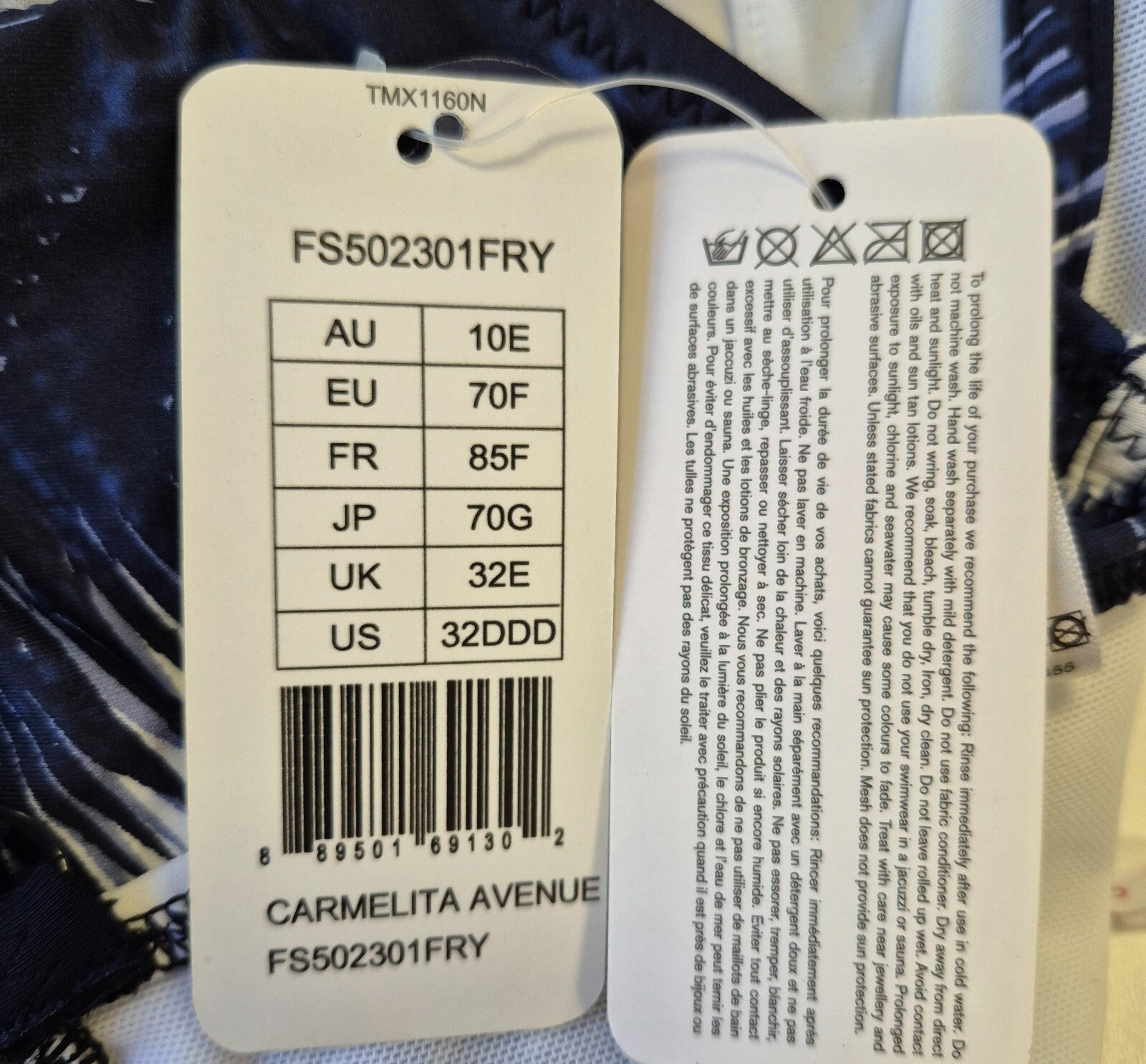 Fantasie 'Carmelita Avenue' Bikini Top Blue/White 32E NWT
