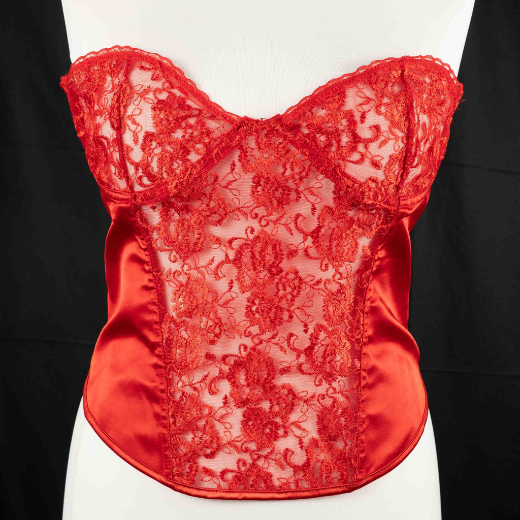 Red corset top with sheer floral lace bodice and satin sides, adjustable lace-up back.