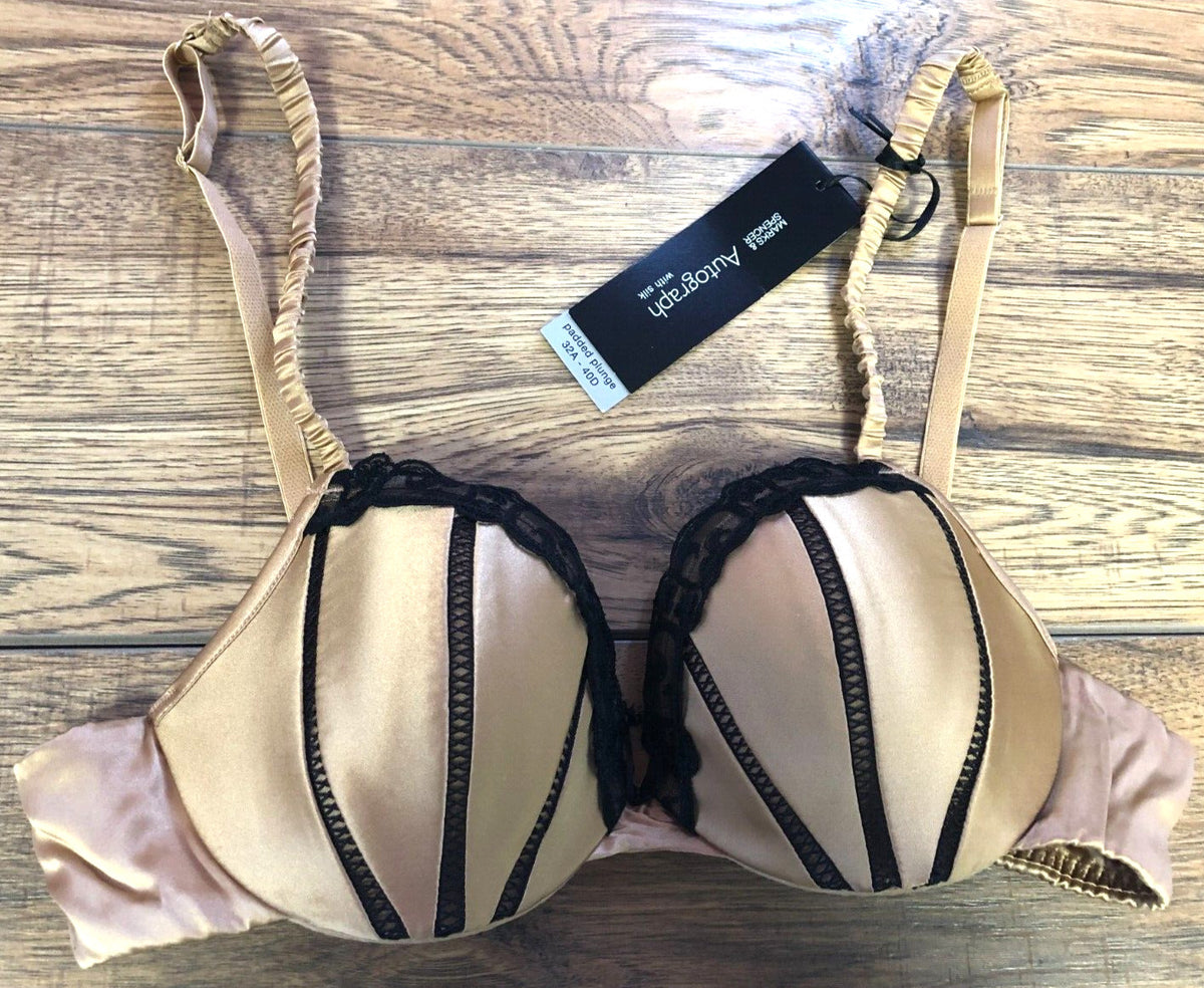 M&amp;S Bra 34A Amber Padded Plunge Underwired Silk Blend New with Tags