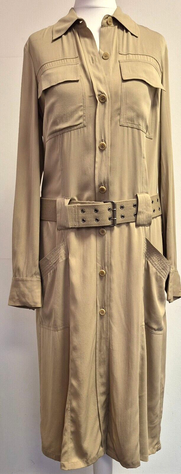 DKNY Dress UK8 Khaki Button Through Midi 90% Silk Belted  Pre-Owned