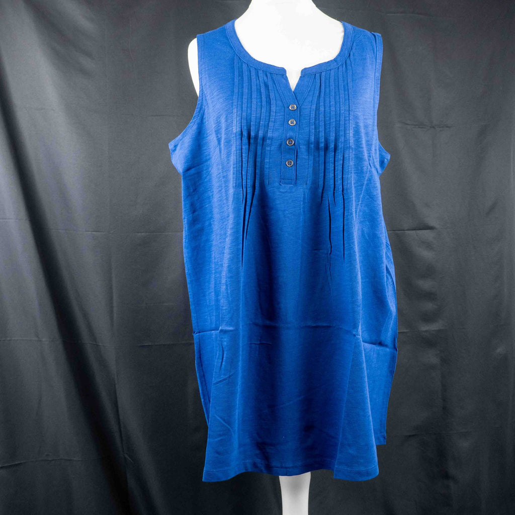 Yours navy blue sleeveless tunic top with scoop neckline and button placket details.