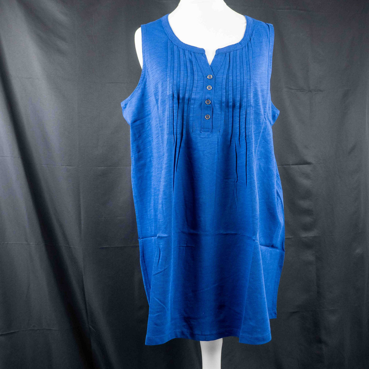 Yours navy blue sleeveless tunic top with scoop neckline and button placket details.