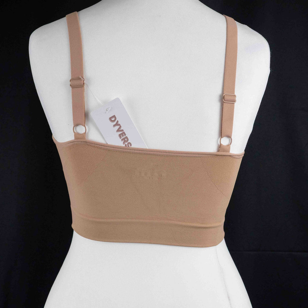 Dyvers light brown seamless bra with adjustable straps and soft ruched fabric.