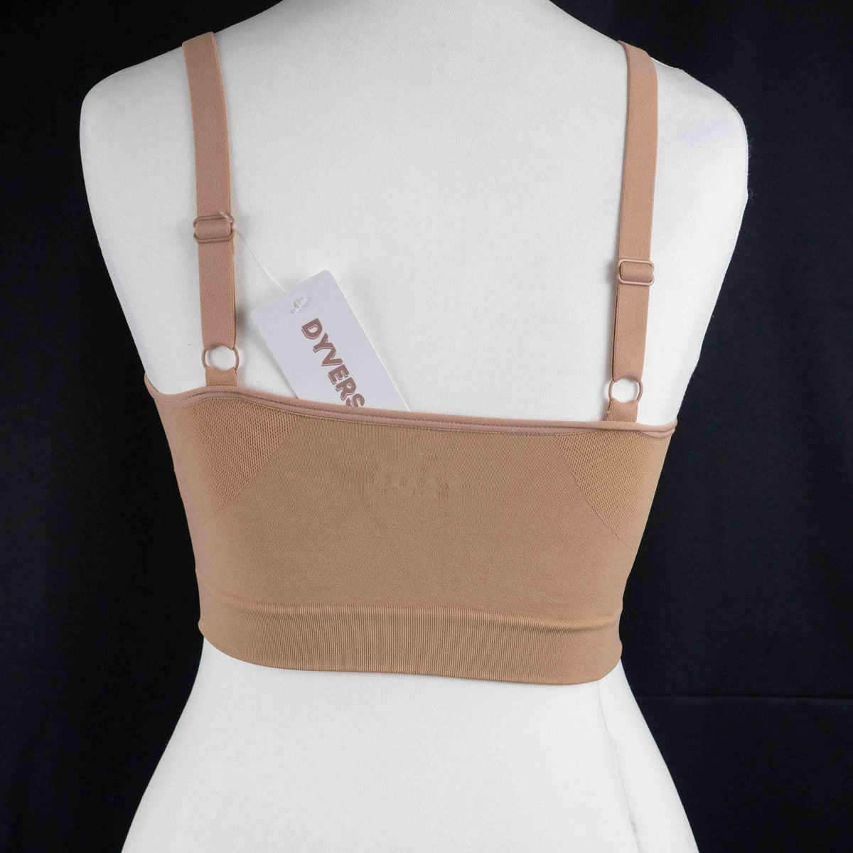 Dyvers light brown seamless bra with adjustable straps and soft ruched fabric.