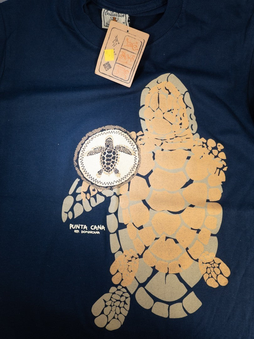 Caribbean Taino blue t-shirt featuring turtle print design on front, short sleeves.