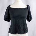 H&amp;M Black Puff Sleeve Top Large Cotton Blend NWT