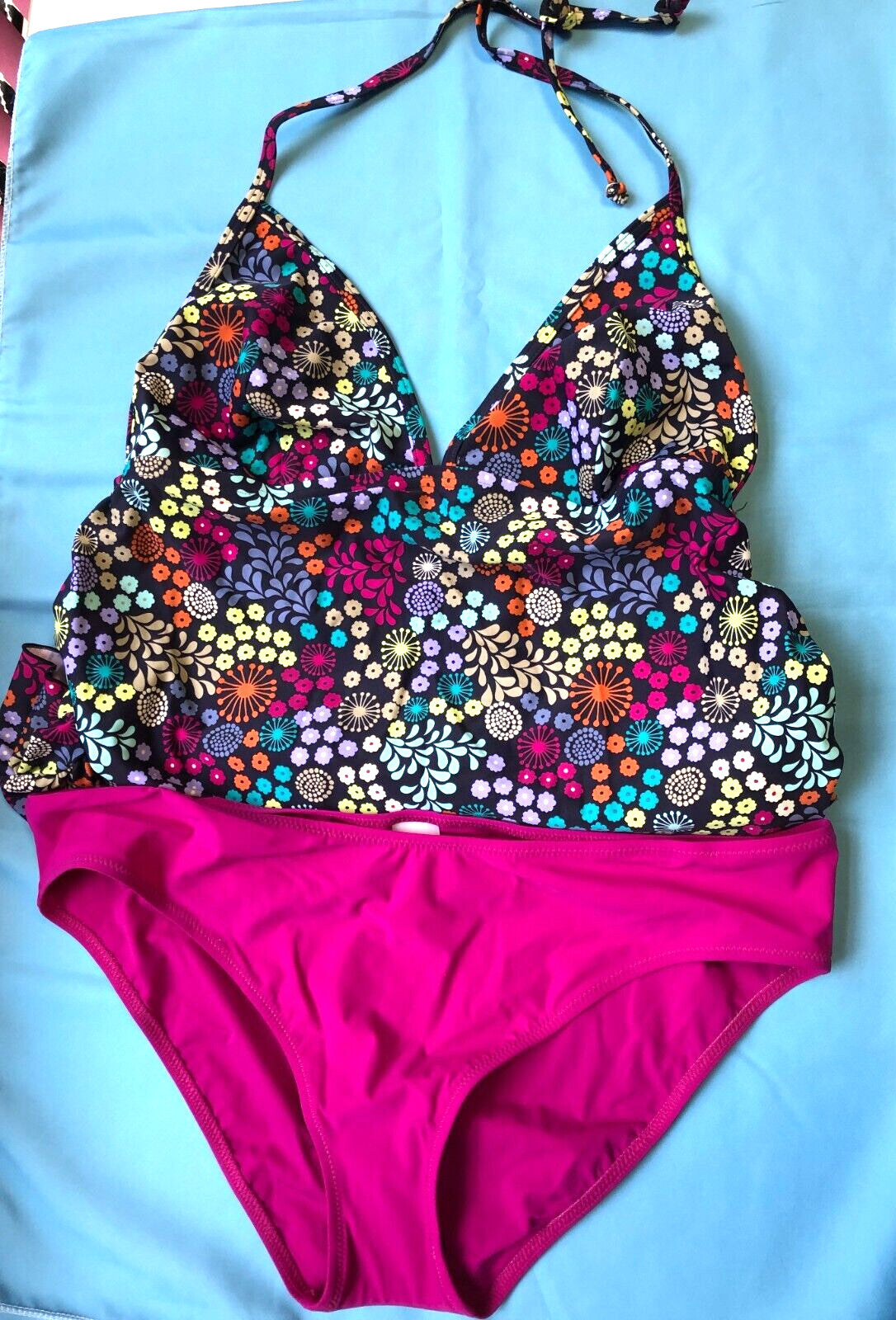 Maternity Tankini Pink Multi Top 38D Bottoms 38 UK16 Halter Neck by Anita BNWT