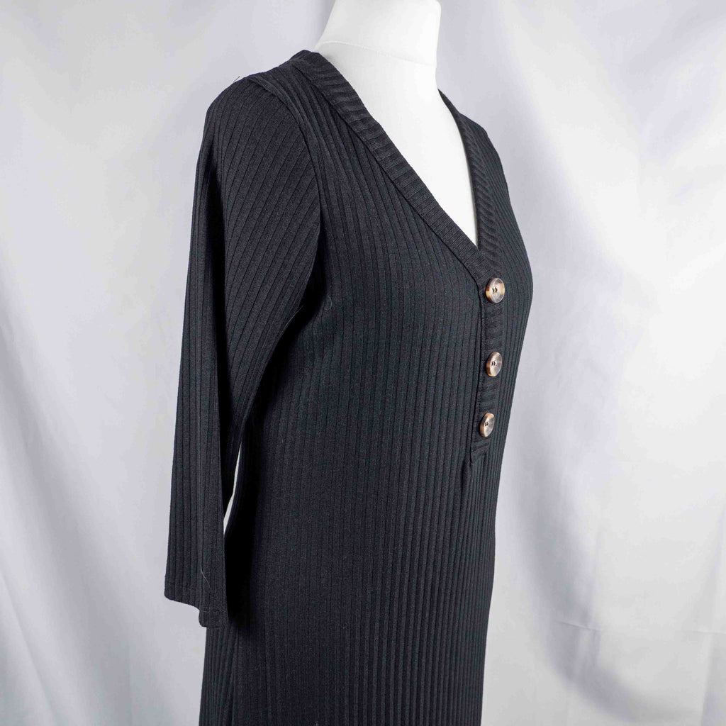 Unbranded black ribbed maxi dress with V neckline and three decorative front buttons.