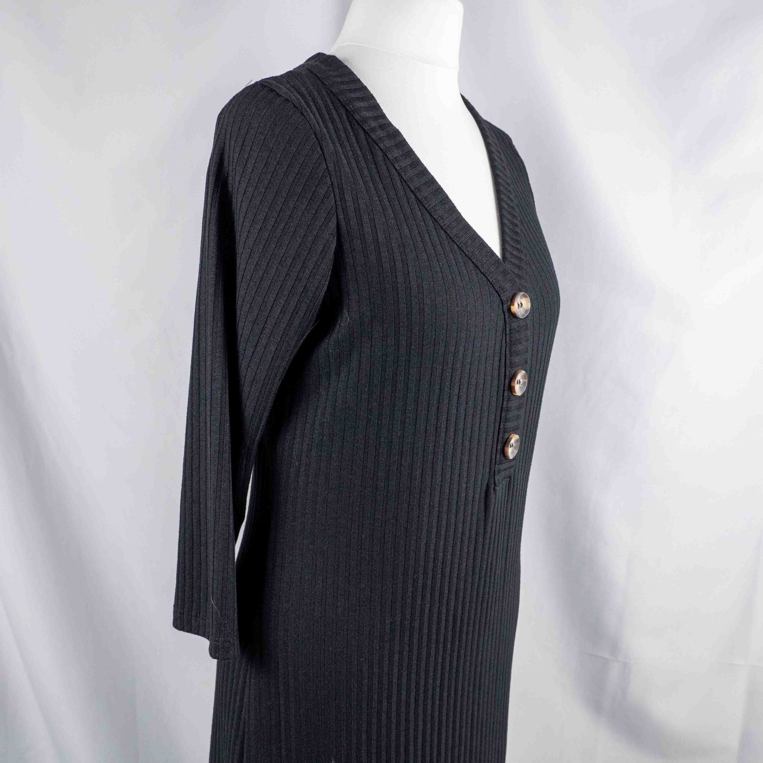 Unbranded black ribbed maxi dress with V neckline and three decorative front buttons.