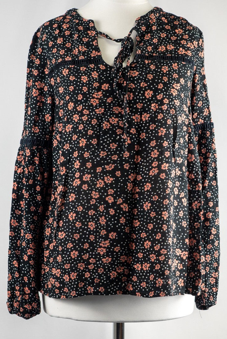 Papaya Woman Black/White/Brown Floral Long Sleeve Size 8 Top Pre-Owned