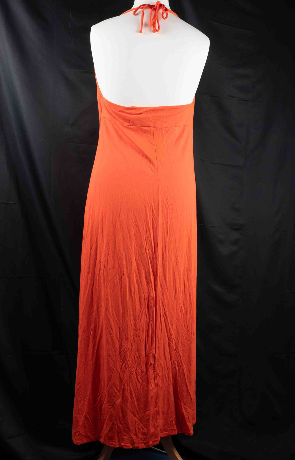 Bisbigli orange maxi dress with gold bar detailing on shoulder straps, lace material.