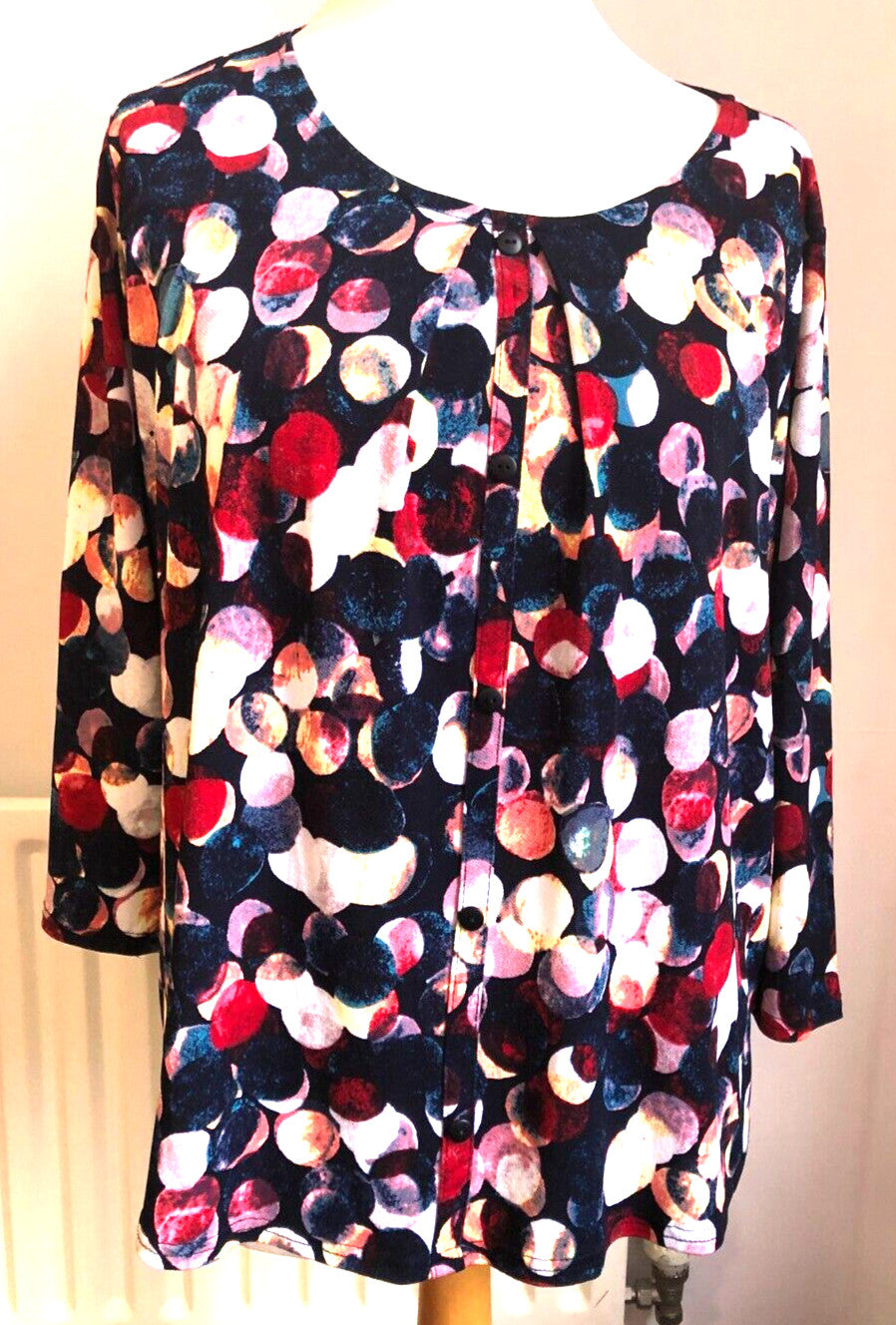 Womens Blouse UK18 Black Multi Collarless Round Neck Long Sleeve  BNWT