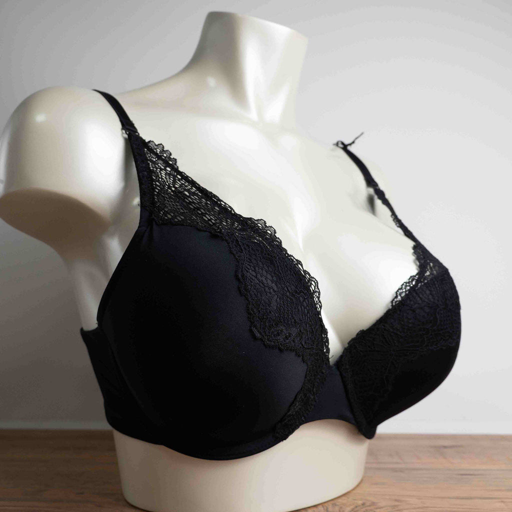 John Lewis black lace trim bra with underwire support and elegant lace detailing.