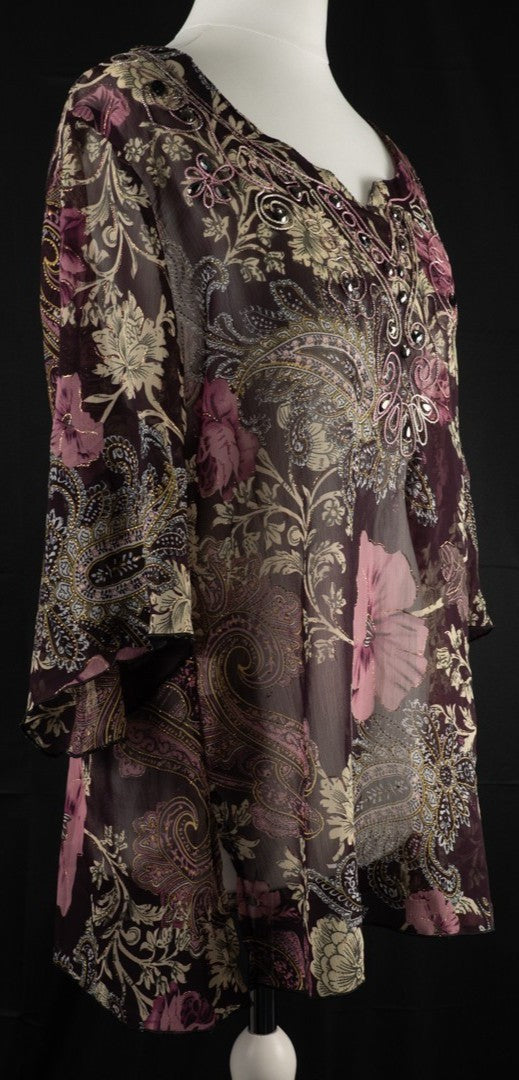 Rijiari purple semi-sheer floral top with beaded pattern and half sleeves.