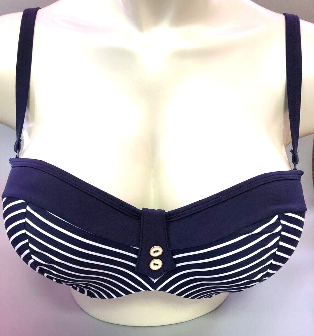 Panache Britt Stripe Bikini Top 34E Navy/White Strapless Underwired SW0923 BNWT