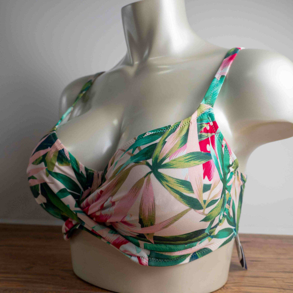 Fantasie women's bikini top beige green pink tropical floral print adjustable straps