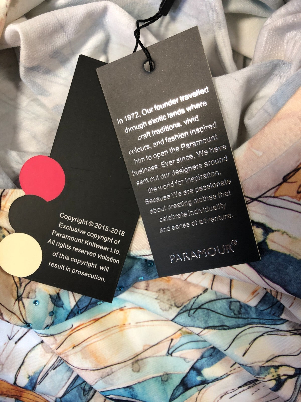 Paramour casual t-shirt multicoloured beige with blue and orange leaf print, gemstone detailing.