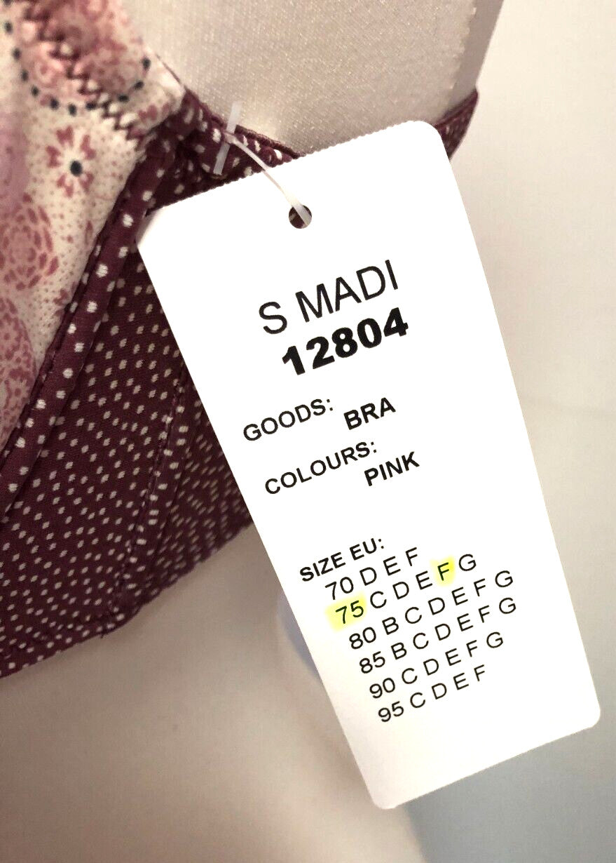 Corin Bra 34F Pink/Brown Plunge Underwired Padded Floral Print Madi 12804 BNWT