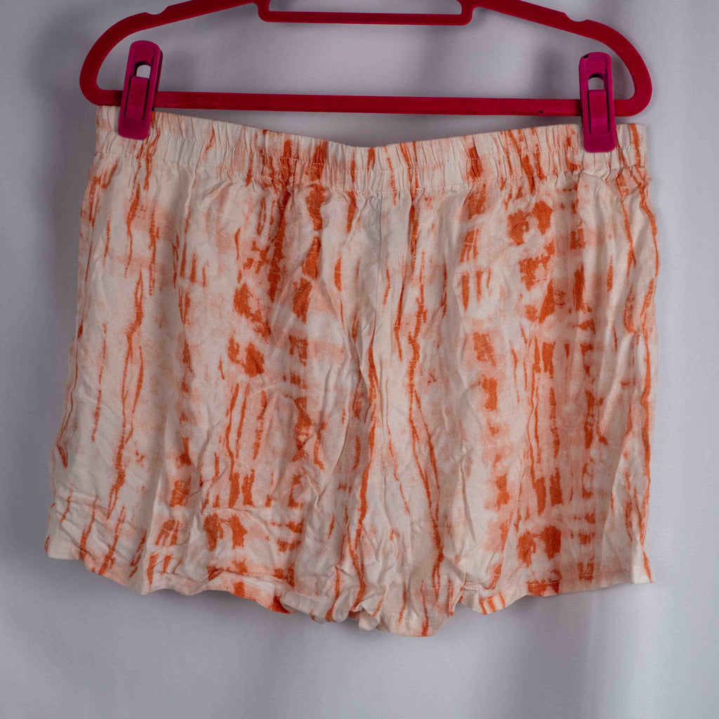 Lingadore orange and white tie-dye pyjama shorts with elastic waistband and drawstring tassels.