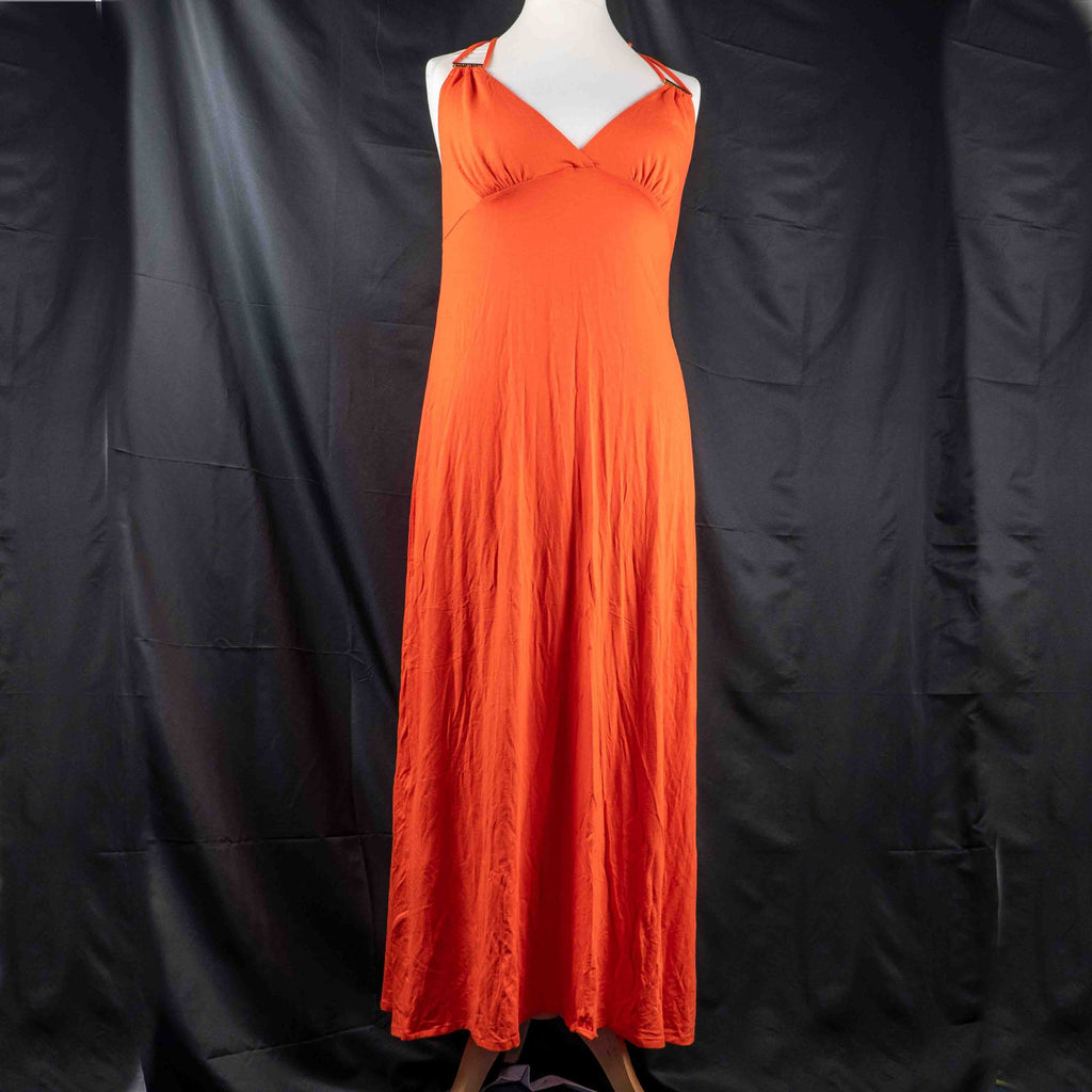 Bisbigli orange maxi dress with gold bar detailing on shoulder straps, lace material.