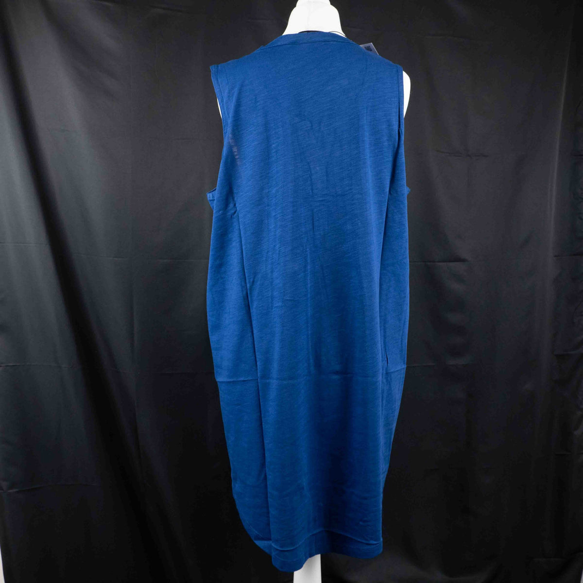 Yours navy blue sleeveless tunic top with scoop neckline and button placket details.