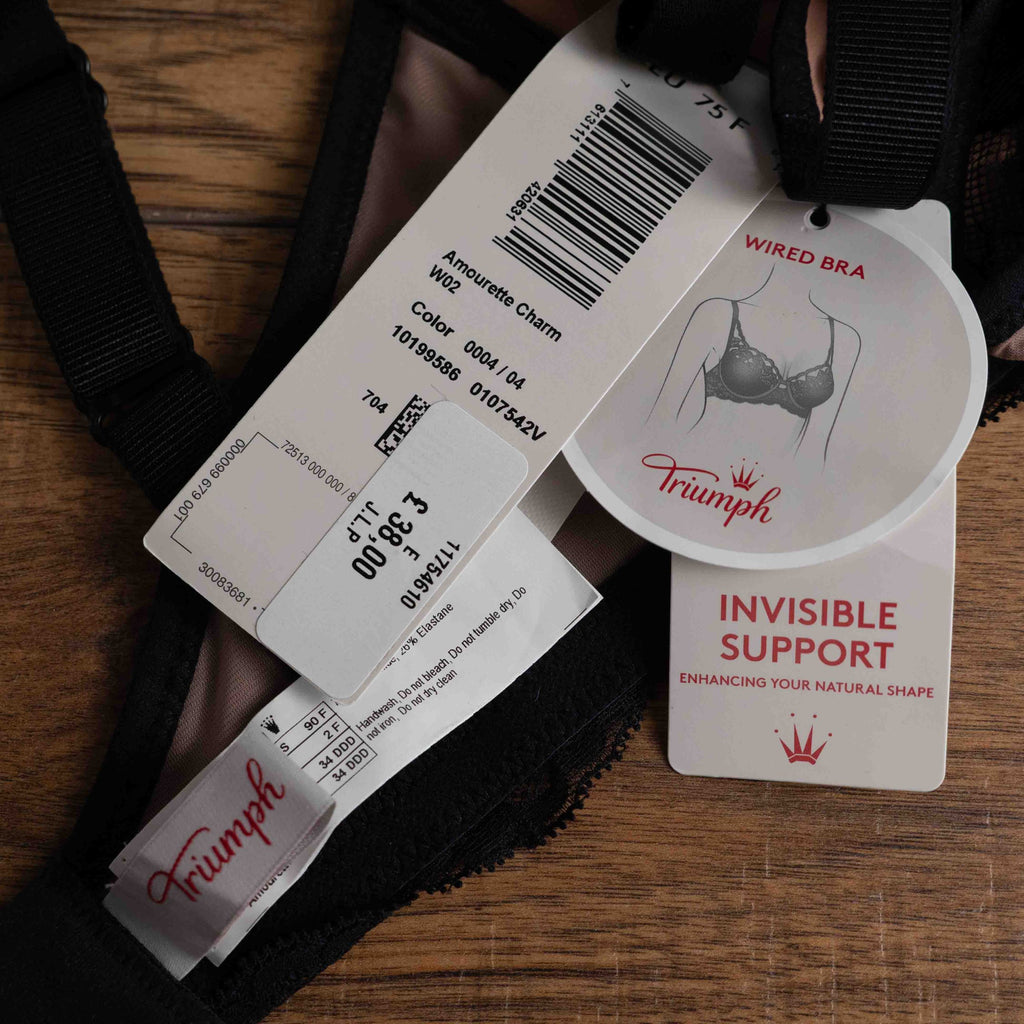 Triumph black lace bra with elegant overlay, underwired, adjustable straps, brand new with tags.