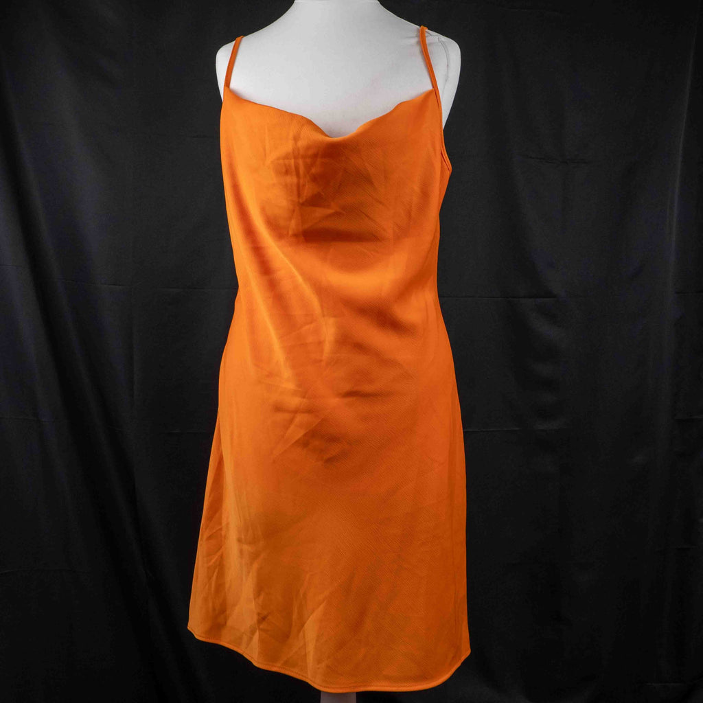 Primark orange slip dress with adjustable spaghetti straps and cowl neckline.