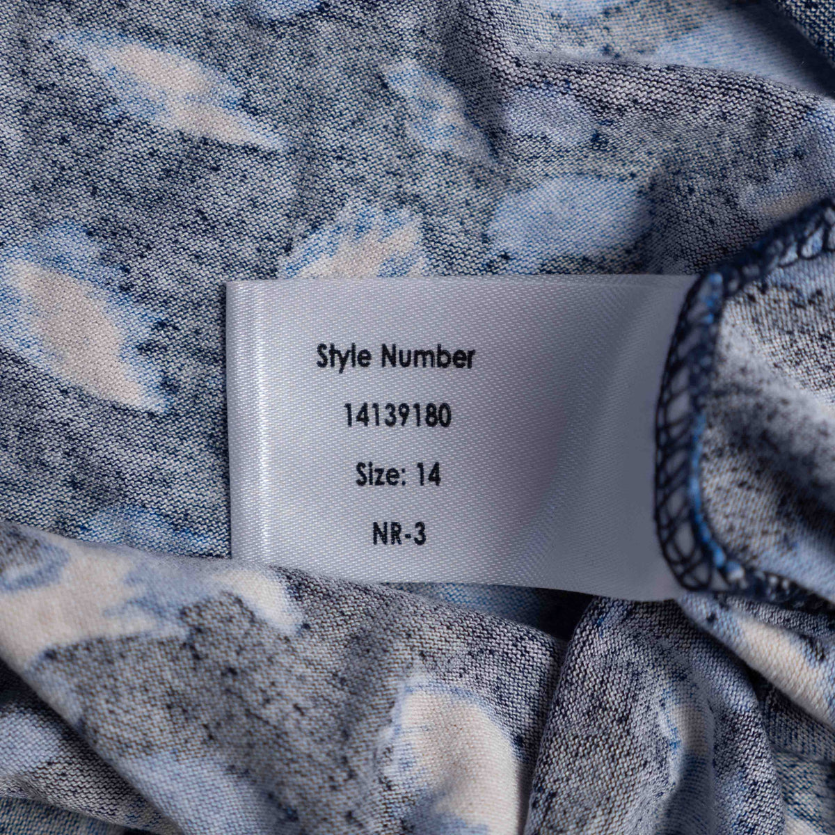 Roman midi dress blue and white abstract pattern long sleeves fitted waist stretchy material.