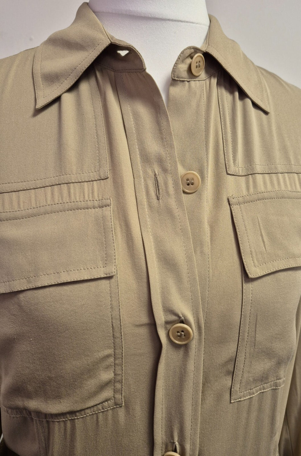 DKNY Dress UK8 Khaki Button Through Midi 90% Silk Belted  Pre-Owned