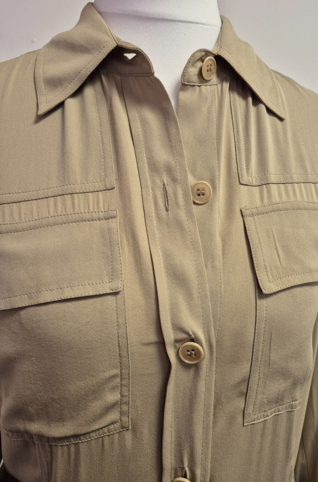 DKNY Dress UK8 Khaki Button Through Midi 90% Silk Belted  Pre-Owned