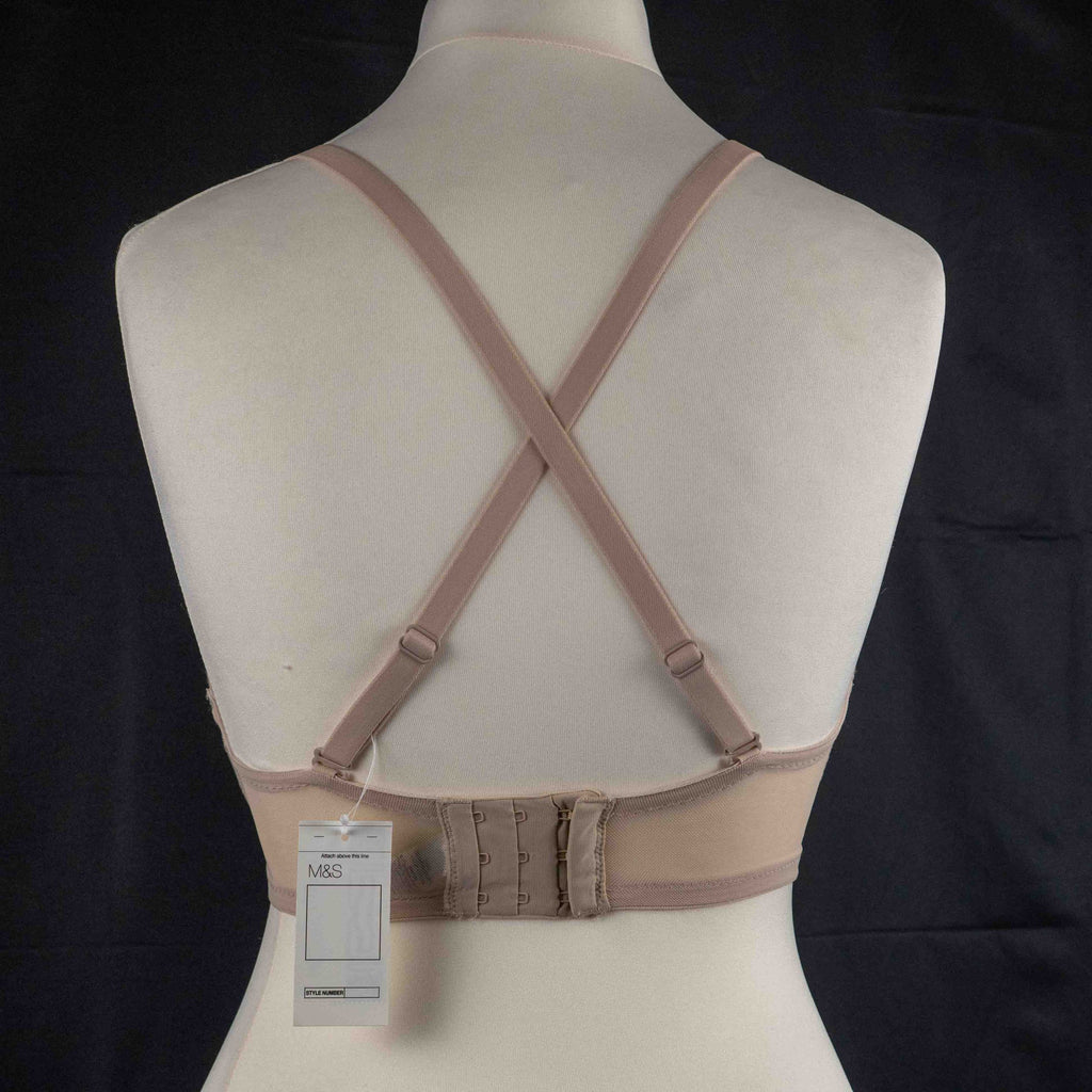 Marks and Spencer beige padded underwired bra with floral lace detail and decorative bow.