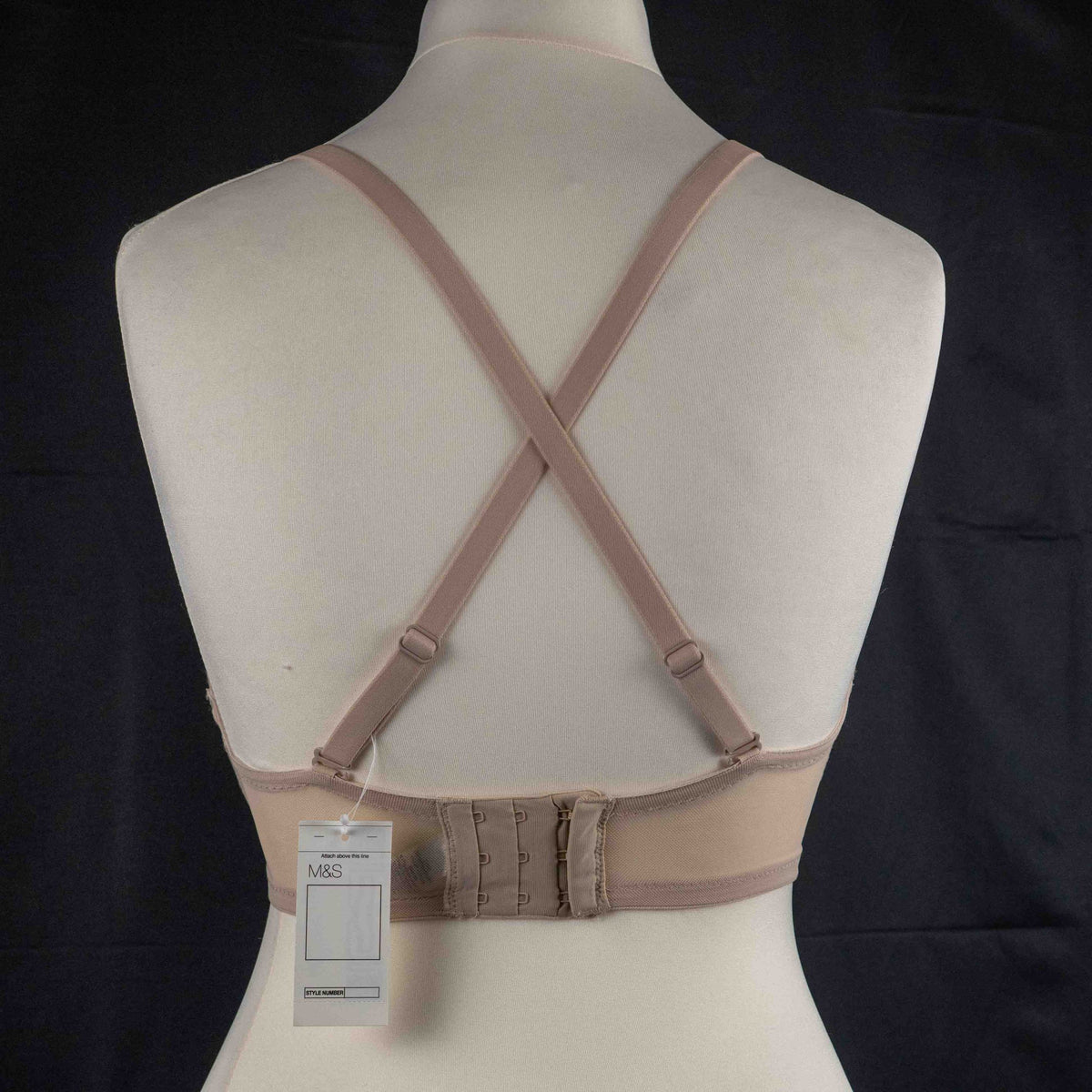 Marks and Spencer beige padded underwired bra with floral lace detail and decorative bow.
