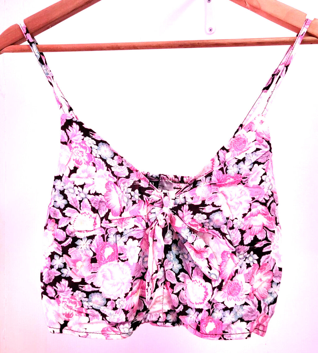 H&amp;M Crop Top UK6 Black/Pink Floral Print Tie Front Detail Spaghetti Straps BNWT