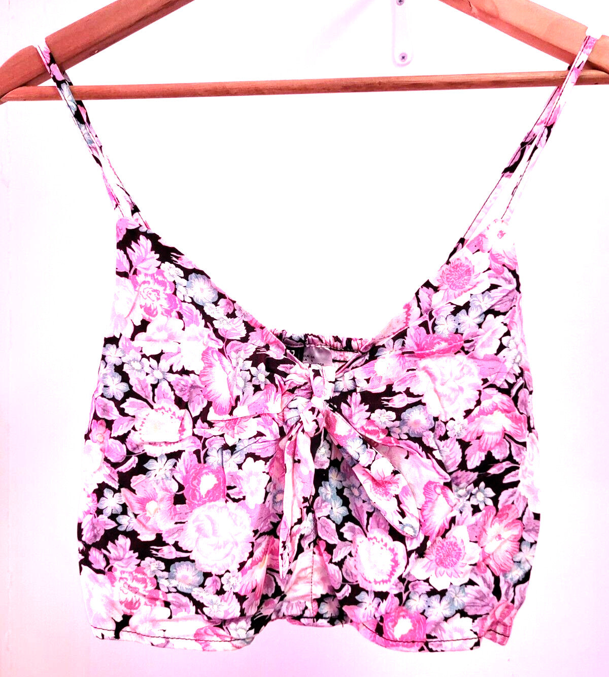 H&amp;M Crop Top UK6 Black/Pink Floral Print Tie Front Detail Spaghetti Straps BNWT