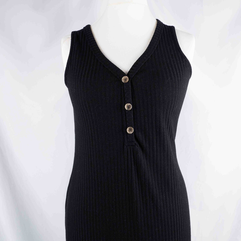 Papaya black midi dress sleeveless ribbed knit with three-button front detail
