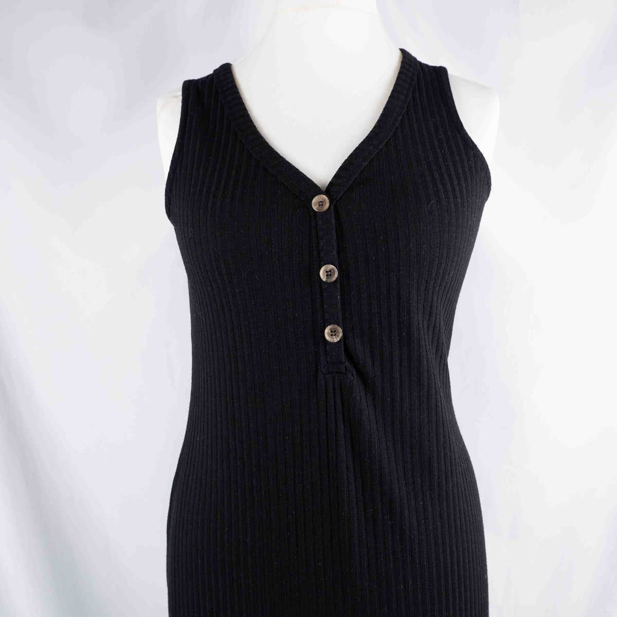 Papaya black midi dress sleeveless ribbed knit with three-button front detail