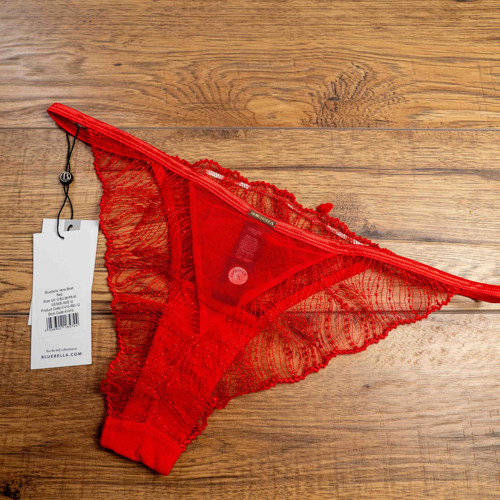 Bluebella red lace briefs with delicate overlay and solid cotton gusset, size UK 12.