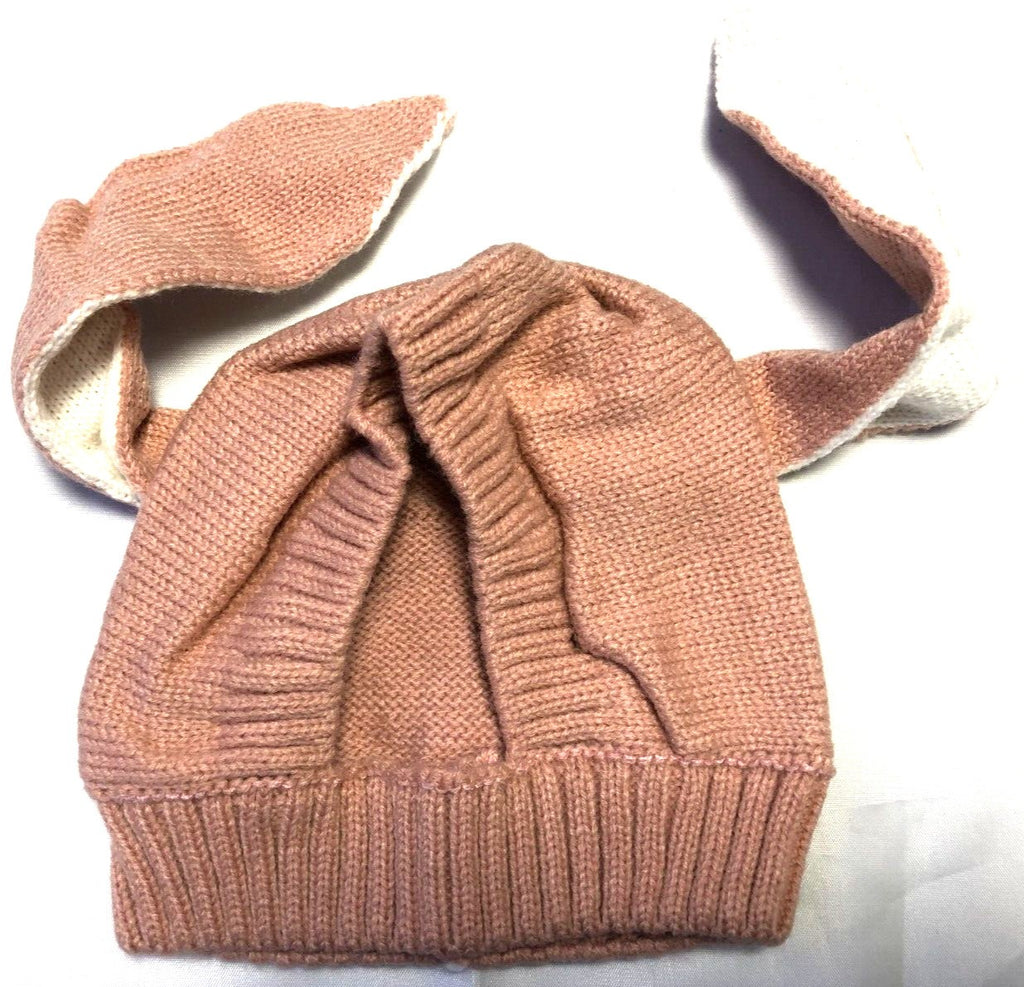 Toddlers brown knitted wooly hat with floppy rabbit ears, balaclava style.