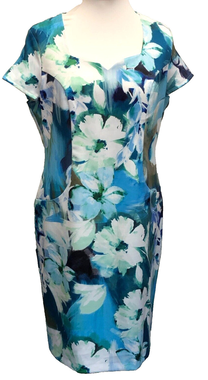 Dress UK16 Blue/Turquoise Floral Print Knee Length Short Sleeve by Nightingales