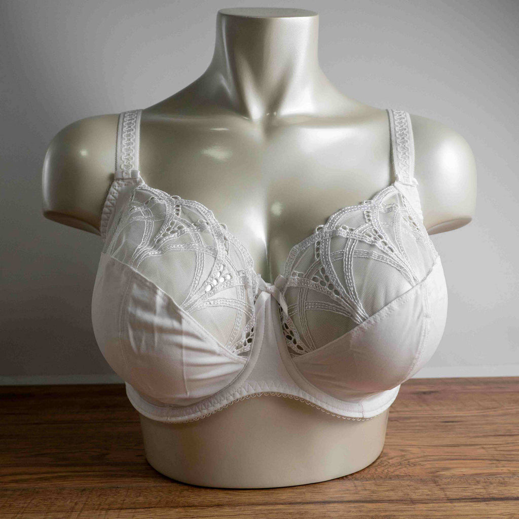 Fantasie white underwire bra with embroidered lace cups and adjustable straps.