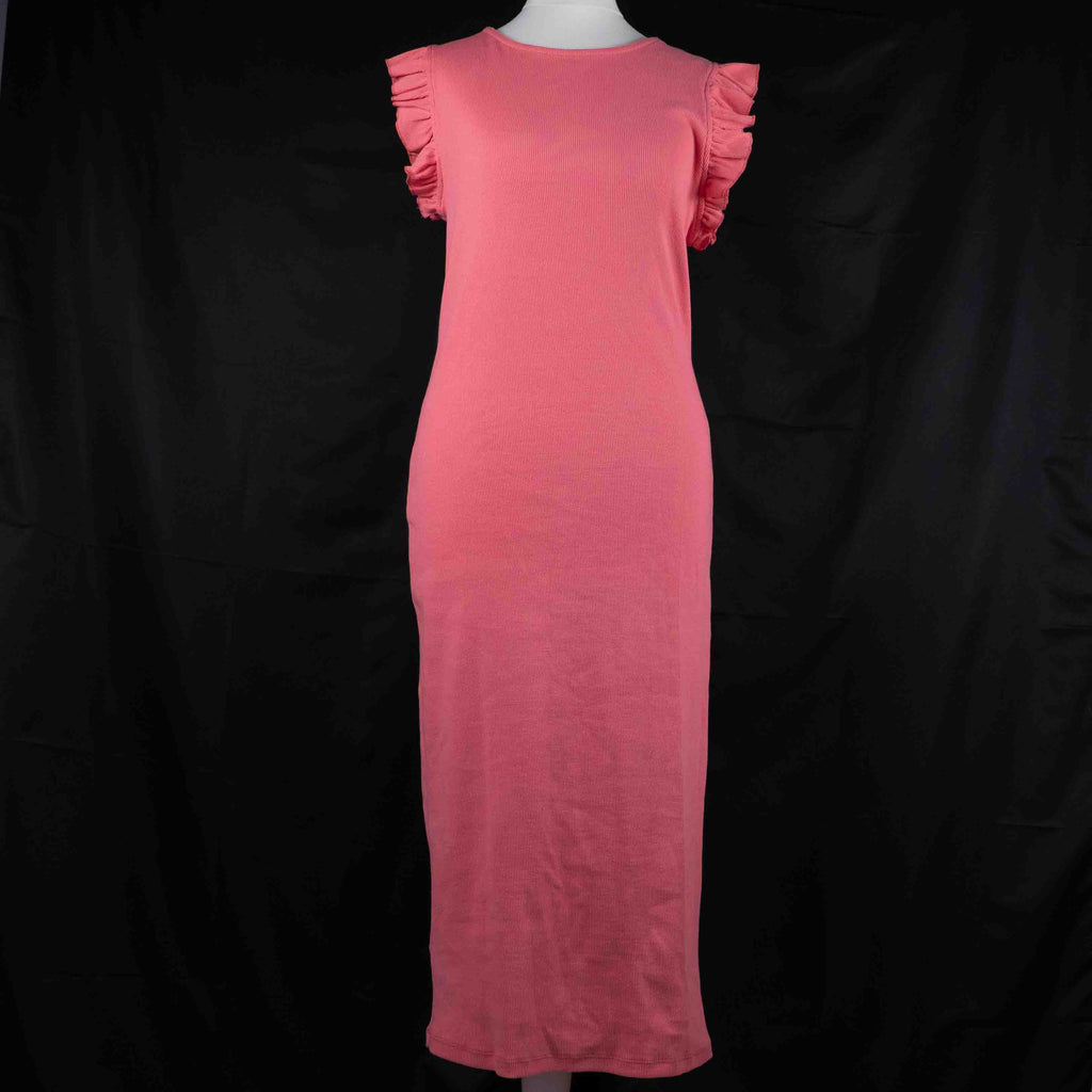 Papaya pink midi dress with short ruffle sleeves, soft cotton-elastane blend.