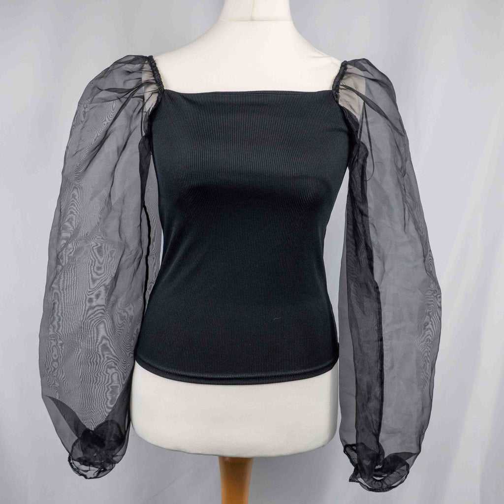 New Look black ribbed top with sheer balloon sleeves, brand new with tags.